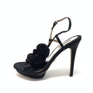 Badgley Mischka Black Satin Floral High Heel Sandals 10 Elegant Evening Shoes